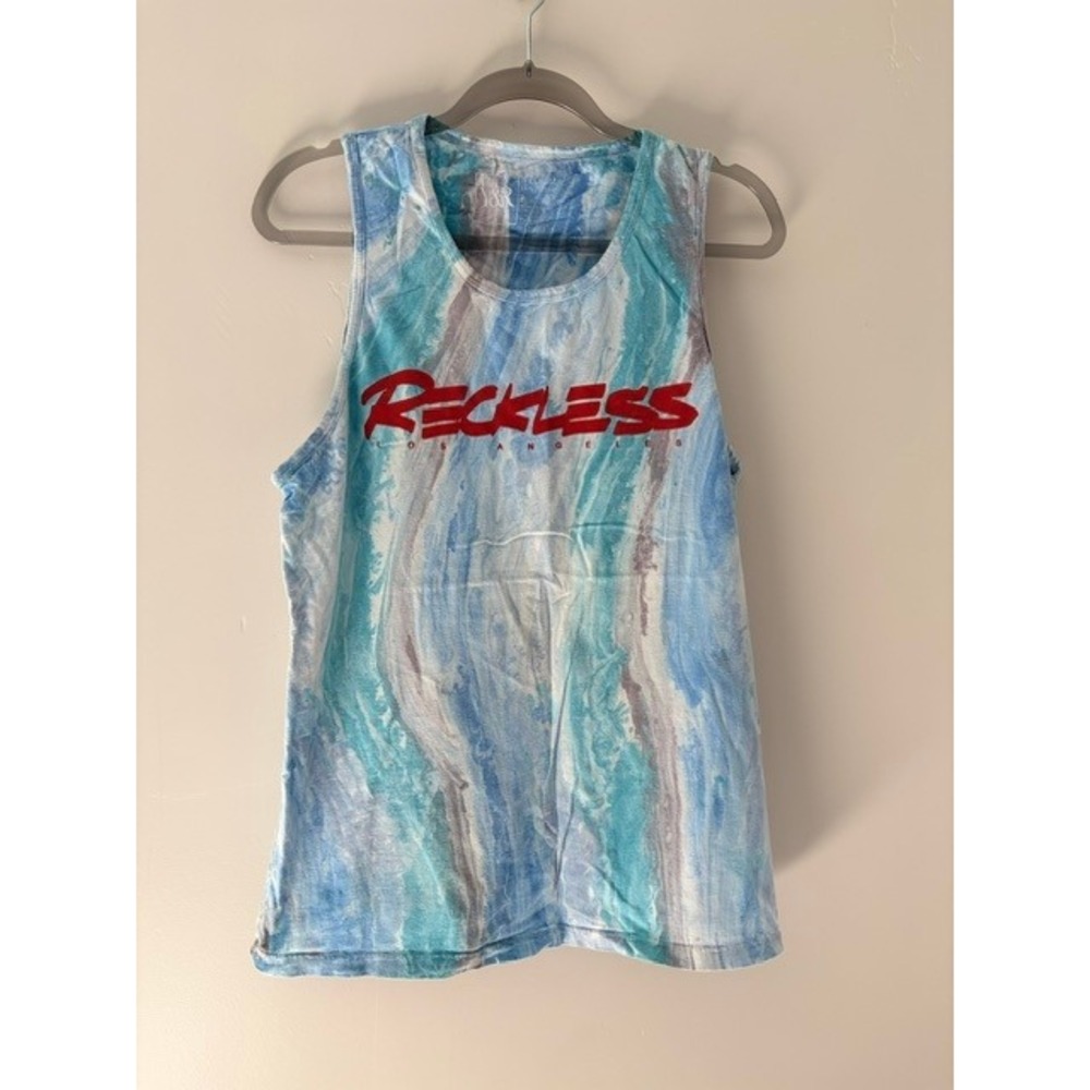 Young & Reckless Mens Blue Marble Tie Dye Graphic Tank Medium Y&R Los Angeles